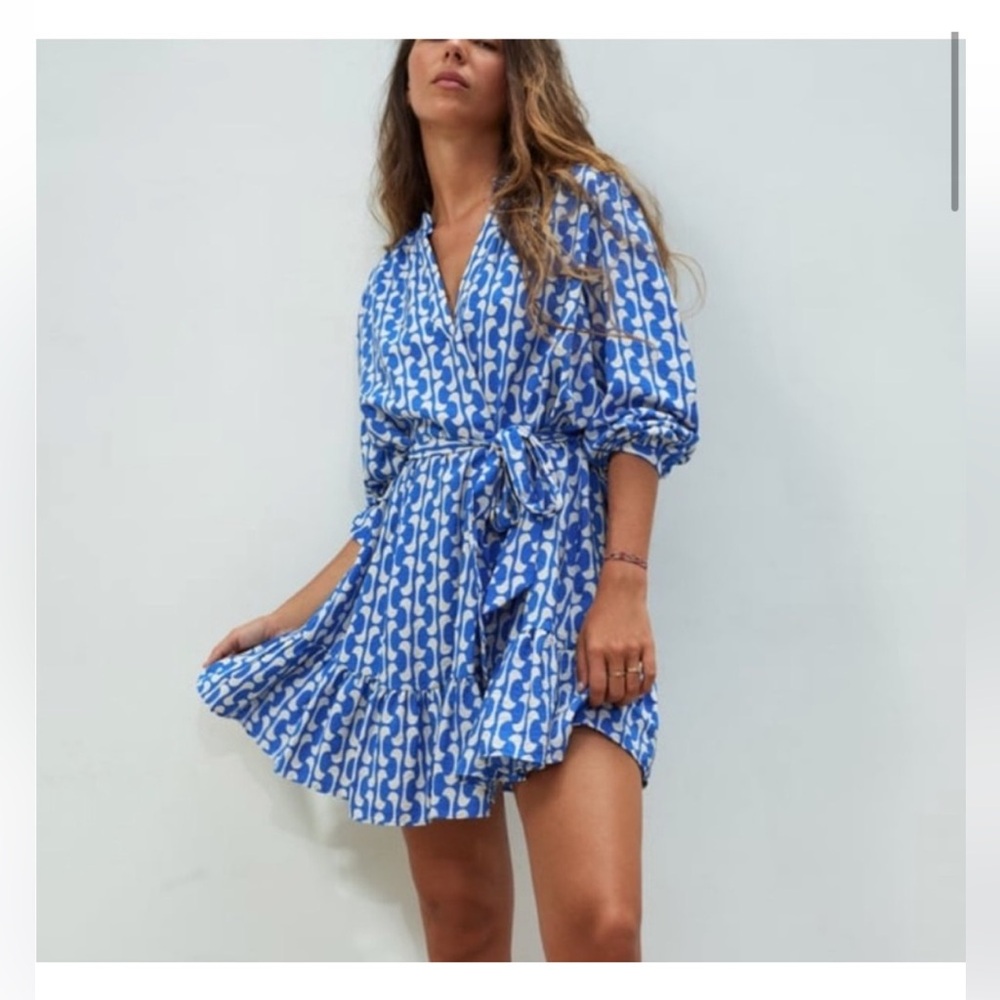 Zara Blue and White Printed Short Belted Boho Mini Dress Fits like a Small